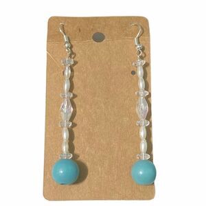 Delicate Long Dangle Drop Slip On Earrings Earrings Turquoise‎ Color Silver Tone